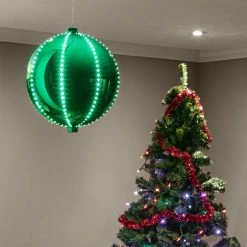 New 🌟 Alpine Corporation 13"H Indoor Hanging 🎁 Christmas Ball Decoration With Chasing LED Lights, Green 🎉