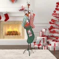 New ✨ Renovators Supply Manufacturing 🎄 Christmas Stocking Holder Stand Freestanding 60" L Black Wrought Iron 6 Hooks ⌛