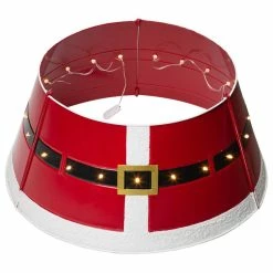 Coupon 🎉 Glitzhome Red Metal Santa Belt Tree Collar With Light String, 26"D 🎉
