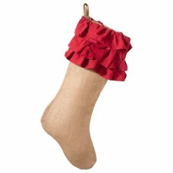 Flash Sale 🥰 Fenncostyles.com Holiday Décor Ruffle Design Jute 🔔 Christmas Stocking, Red/Natural ⌛