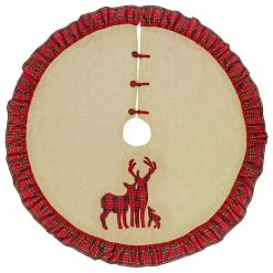 Flash Sale 😍 Fennco Styles Holiday Deer Family Tartan Plaid Ruffle ❄ Christmas Tree 👗 Skirt 53" Round 🥰