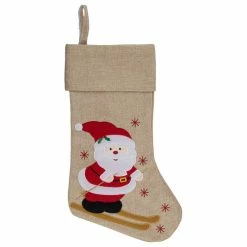 Brand new 🔔 Northlight Seasonal 19" Burlap Skiing Santa With Poles And Snowflakes 🔔 Christmas Stocking 🥰