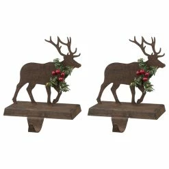 New ❤️ Glitzhome Set Of 2 Wooden/Metal Reindeer Stocking Holder 💯