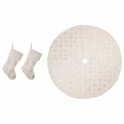 Promo 🌟 Glitzhome White Plush With Snowflake 🎅 Christmas Decoration(Stocking And Tree 👗 Skirt,Set Of 3 😀