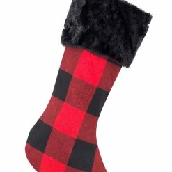 Budget ✨ Fennco Styles Buffalo Plaid Faux Fur Border 🎁 Christmas Stocking (13"x19"), Black Fur 🔥