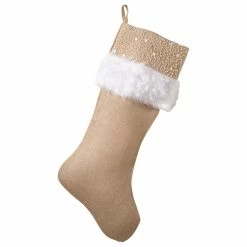 Best Pirce 🔔 Fenncostyles.com Holiday Décor Jute Design Natural 🎅 Christmas Stocking, White Faux Fur And Beads ✨