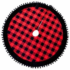Flash Sale 🌟 Fennco Styles Buffalo Plaid Faux Fur Border Pom Pom 🎄 Christmas Tree 👗 Skirt 53", Black Pom Pom 🎁