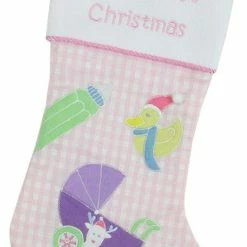 Outlet 🎁 Northlight Seasonal 18.5" Pink White Checked "Baby's First 🎁 Christmas" Stocking Fleece Cuff 🔔