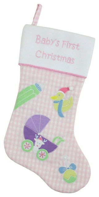 Outlet ๐ Northlight Seasonal 18.5" Pink White Checked "Baby's First ๐ Christmas" Stocking Fleece Cuff ๐ 1 Outlet ๐ Northlight Seasonal 18.5" Pink White Checked "Baby's First ๐ Christmas" Stocking Fleece Cuff ๐