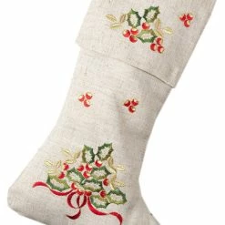 Promo ❤️ Fennco Styles Embroidered Holly Design Decorative Linen Blend 🎅 Christmas Stocking 👏